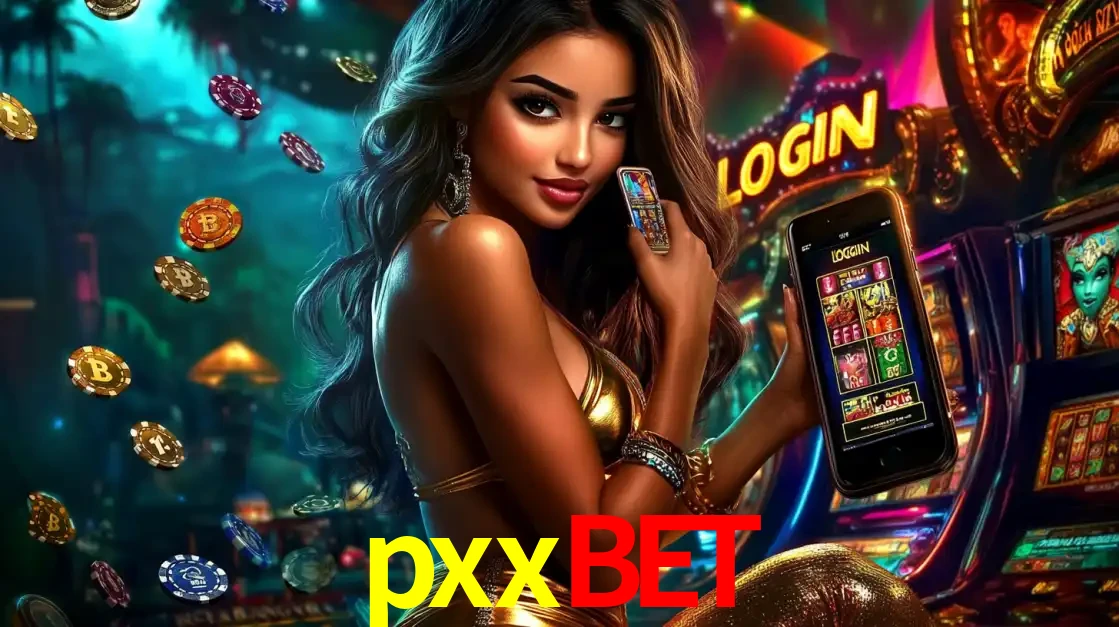 Mulher em um cenário de cassino temático de aventura, mostrando o app de caça-níqueis da pxxbet no celular. Fichas de apostas flutuam ao redor.