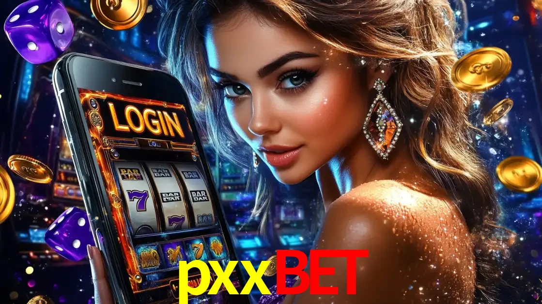 Mulher glamorosa segurando um smartphone com a tela de login para os jogos de caça-níqueis do cassino online pxxbet, com moedas de ouro e dados ao redor.