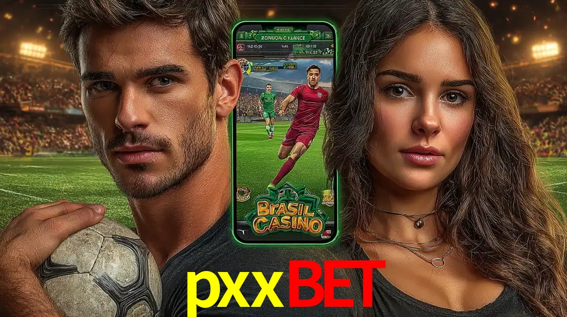 Homem segurando uma bola de futebol e uma mulher ao lado de um smartphone exibindo o jogo de apostas esportivas da pxxbet. Faça seu palpite no cassino online.